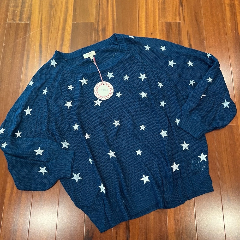 Umgee‎ Star Print Sweater Peacock Navy Blue Long Sleeve Textured Knit New Large